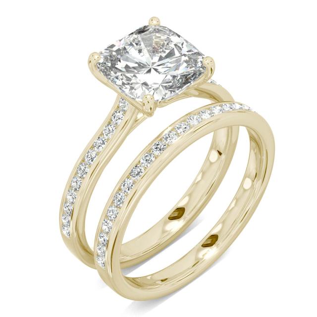 2.65 CTW DEW Cushion Forever One Moissanite Channel Set Wedding Set Ring in 14K Yellow Gold
