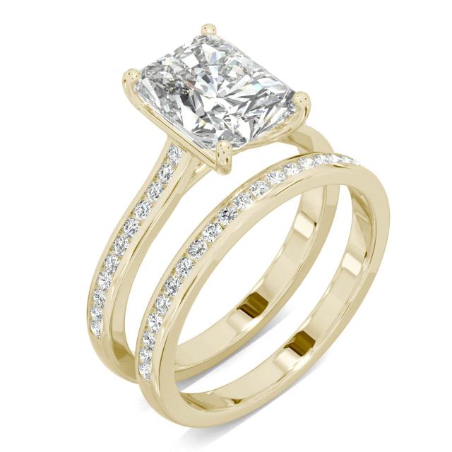 3.07 CTW DEW Radiant Forever One Moissanite Channel Set Wedding Set Ring in 14K Yellow Gold