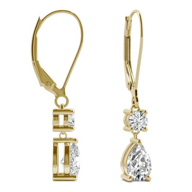 Pear and Round Drop Moissanite Earrings 1.06CTW DEW in 14K Yellow Gold