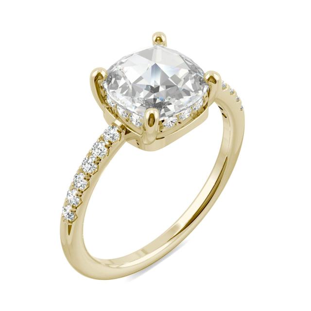 1.64 CTW DEW Cushion Forever One Moissanite Engagement with Hidden Accents Ring in 14K Yellow Gold