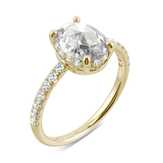 1.47 CTW DEW Oval Forever One Moissanite Engagement with Hidden Accents Ring in 14K Yellow Gold