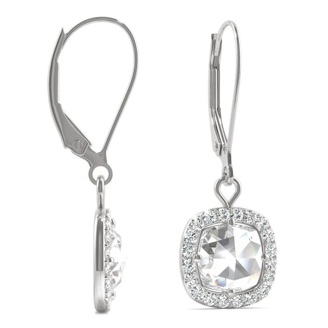 1.46 CTW DEW Cushion Forever One Moissanite Halo Drop Earrings in 14K White Gold