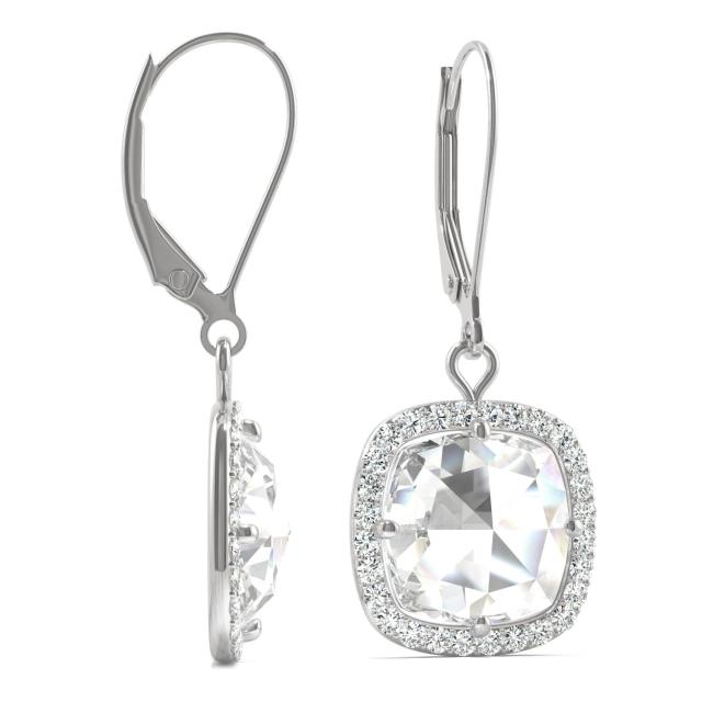 4.25 CTW DEW Cushion Forever One Moissanite Halo Drop Earrings in 14K White Gold