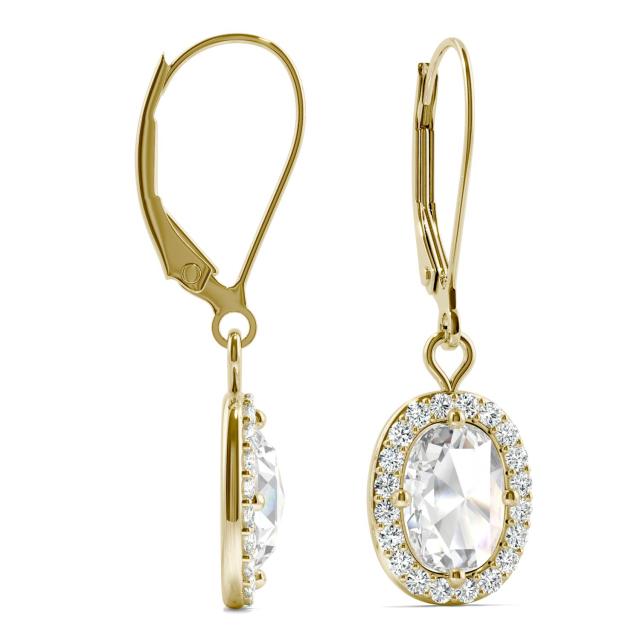 1.40 CTW DEW Cushion Forever One Moissanite Halo Drop Earrings in 14K Yellow Gold