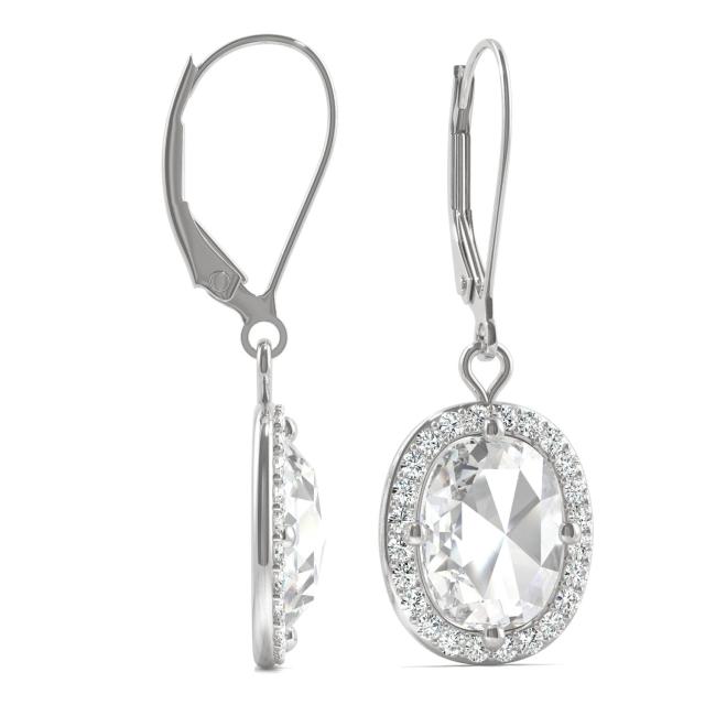 2.98 CTW DEW Cushion Forever One Moissanite Halo Drop Earrings in 14K White Gold