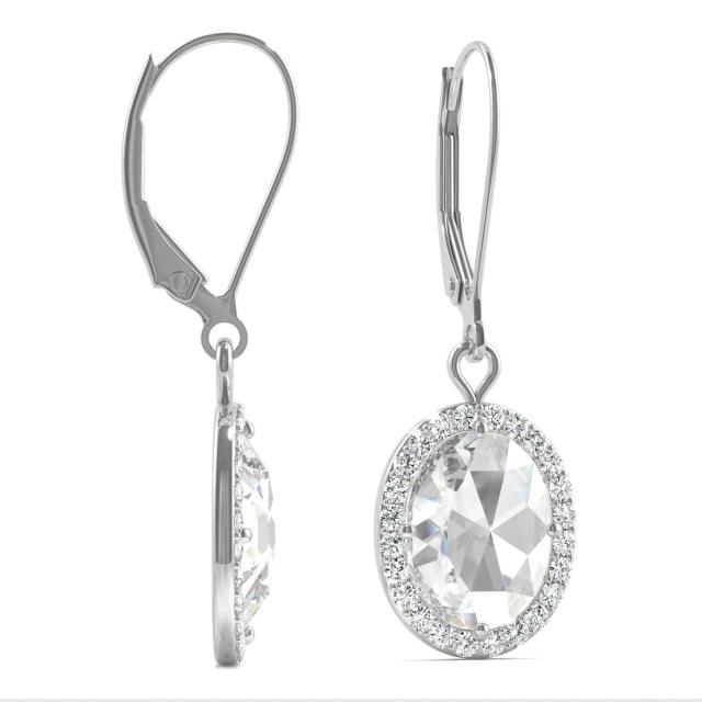 2.58 CTW DEW Oval Forever One Moissanite Halo Drop Earrings in 14K White Gold