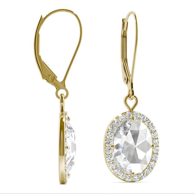 2.58 CTW DEW Oval Forever One Moissanite Halo Drop Earrings in 14K Yellow Gold