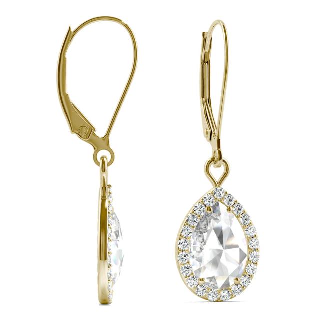 2.02 CTW DEW Pear Forever One Moissanite Halo Drop Earrings in 14K Yellow Gold