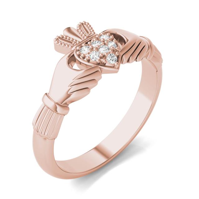0.07 CTW DEW Round Forever One Moissanite Claddagh Ring in 14K Rose Gold