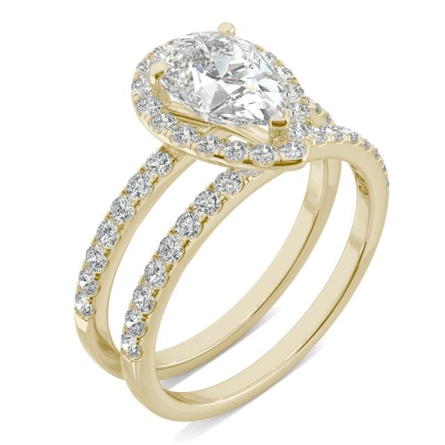 2.25 CTW DEW Pear Forever One Moissanite Halo Side Accents Bridal Set Ring in 14K Yellow Gold