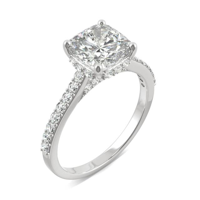 2.16 CTW DEW Cushion Forever One Moissanite Hidden Accents Engagement Ring in 14K White Gold