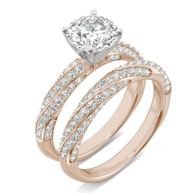 2.60 CTW DEW Round Forever One Moissanite Twist Side-Stone Bridal Set Ring in 14K Rose Gold