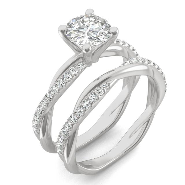 1.43 CTW DEW Round Forever One Moissanite Twisting Side Stone Bridal Set Ring in 14K White Gold
