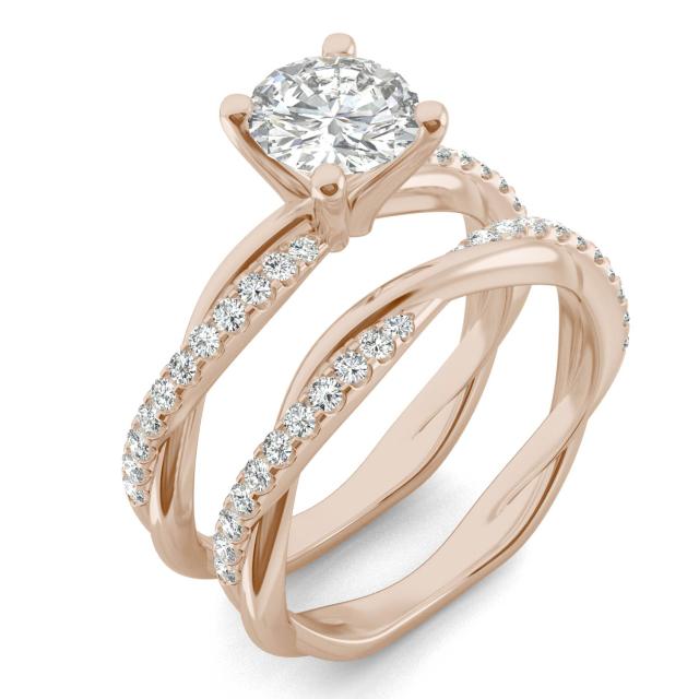 1.43 CTW DEW Round Forever One Moissanite Twisting Side Stone Bridal Set Ring in 14K Rose Gold