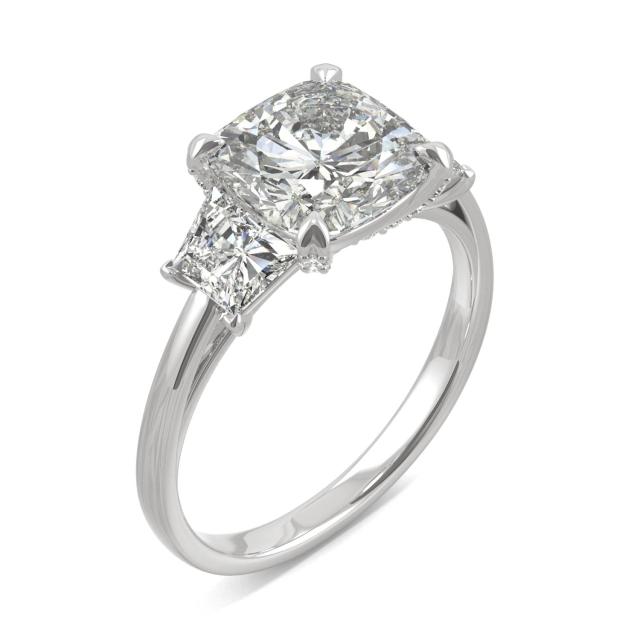 4.33 CTW DEW Cushion Forever One Moissanite Trapezoid Accent Three Stone Ring in Platinum