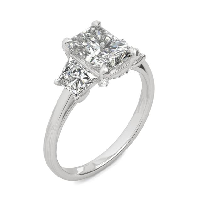 2.96 CTW DEW Radiant Forever One Moissanite Trapezoid Accent Three Stone Ring in Platinum