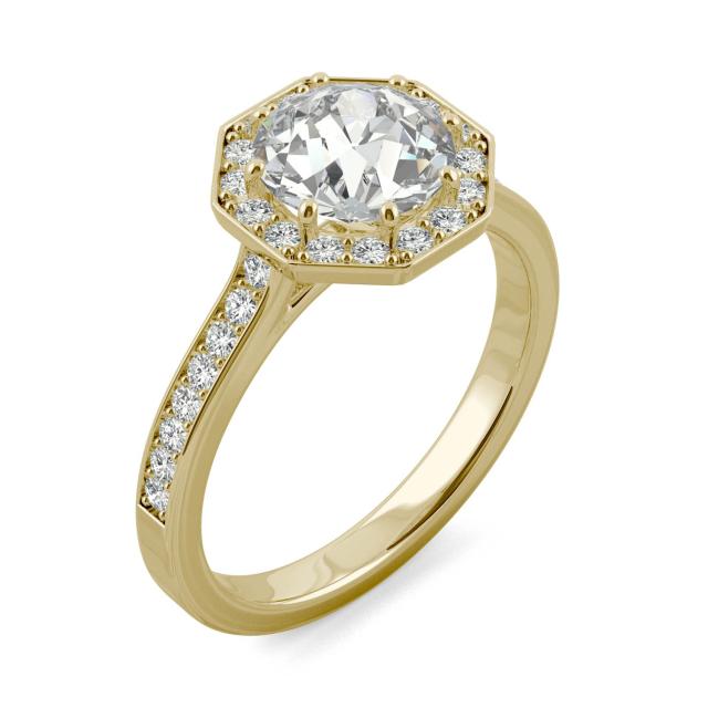 2.01 CTW DEW Round Forever One Moissanite Old European Cut Octagon Halo Engagement Ring in 14K Yellow Gold