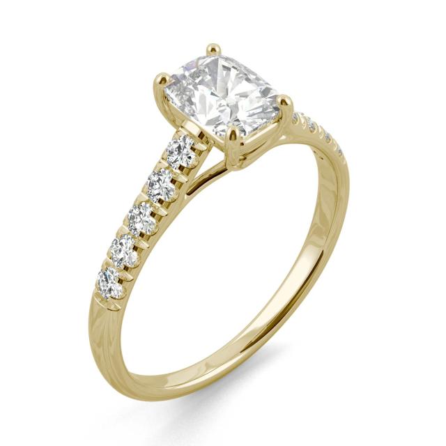 1.23 CTW DEW Elongated Cushion Forever One Moissanite Elongated Cushion Side-Stone Engagement Ring in 14K Yellow Gold