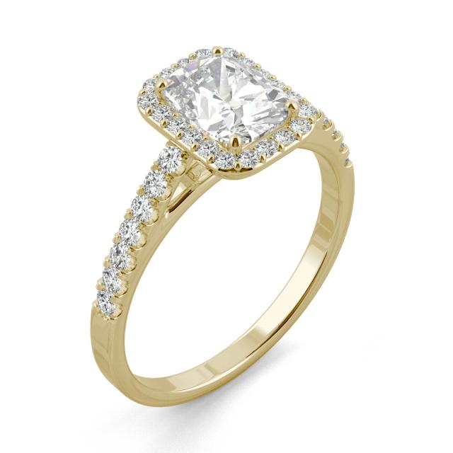 1.27 CTW DEW Elongated Cushion Forever One Moissanite Elongated Cushion Halo Engagement Ring in 14K Yellow Gold