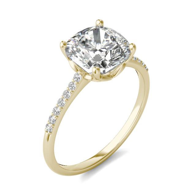 2 2/3 CTW Cushion Caydia Lab Grown Diamond Signature Side Stone Engagement Ring 18K Yellow Gold