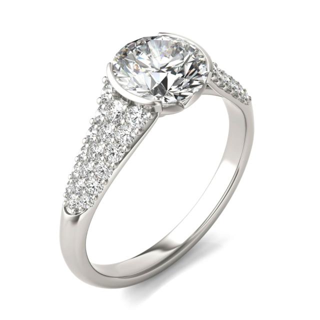 2 CTW Round Caydia Lab Grown Diamond Signature Half Bezel Pave Engagement Ring 18K White Gold