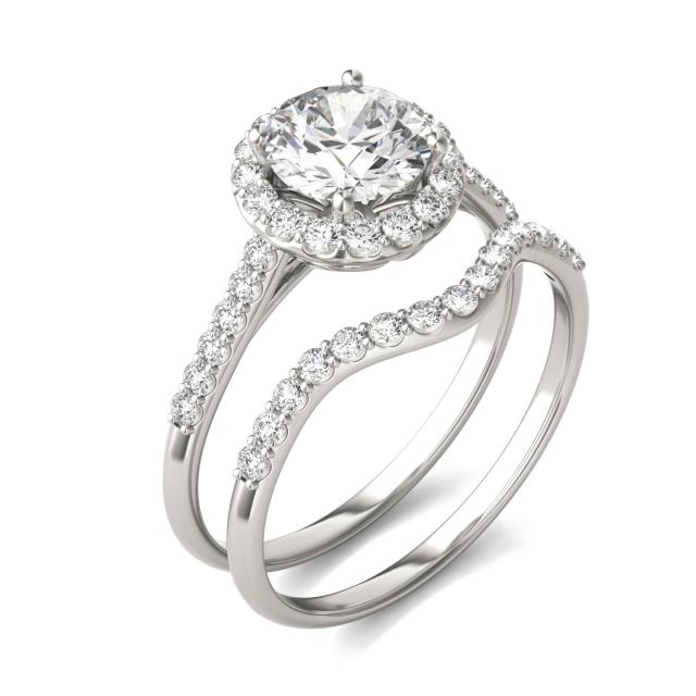 1 1/2 CTW Round Caydia Lab Grown Diamond Signature Halo Bridal Set with Side Accents 18K White Gold