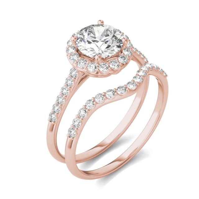 1 1/2 CTW Round Caydia Lab Grown Diamond Signature Halo Bridal Set with Side Accents 18K Rose Gold