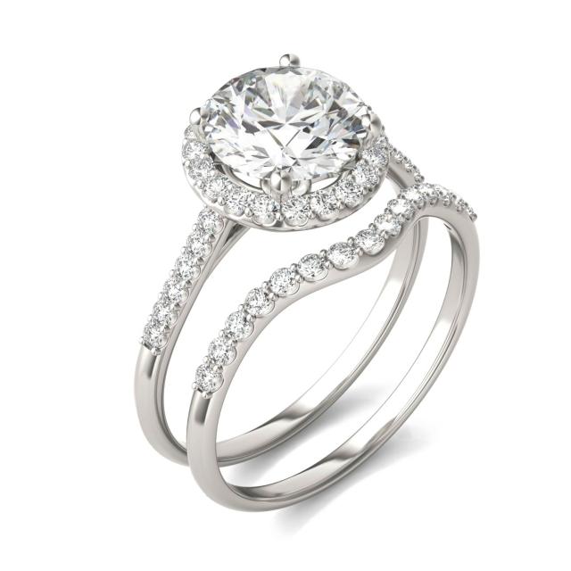 2 1/2 CTW Round Caydia Lab Grown Diamond Signature Halo Bridal Set with Side Accents 18K White Gold