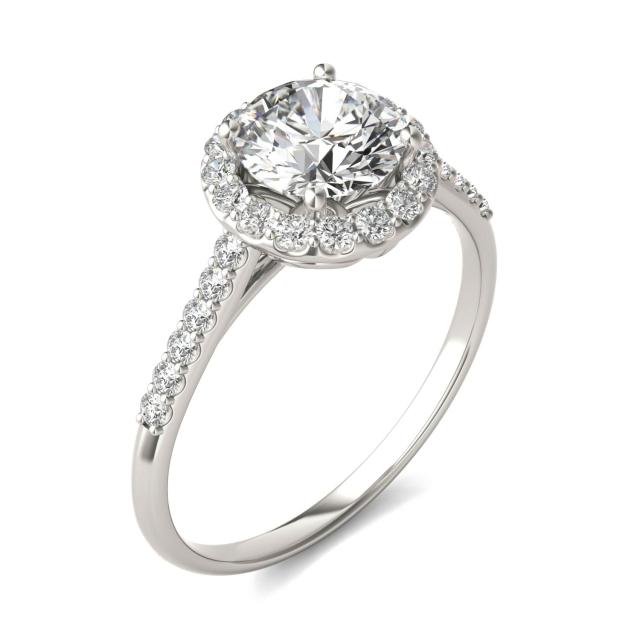 1 1/3 CTW Round Caydia Lab Grown Diamond Signature Halo with Side Accents Engagement Ring 18K White Gold