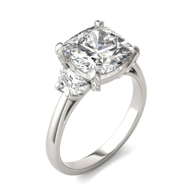 3.94 CTW DEW Cushion Forever One Moissanite Half Moon Accented Engagement Ring in 14K White Gold