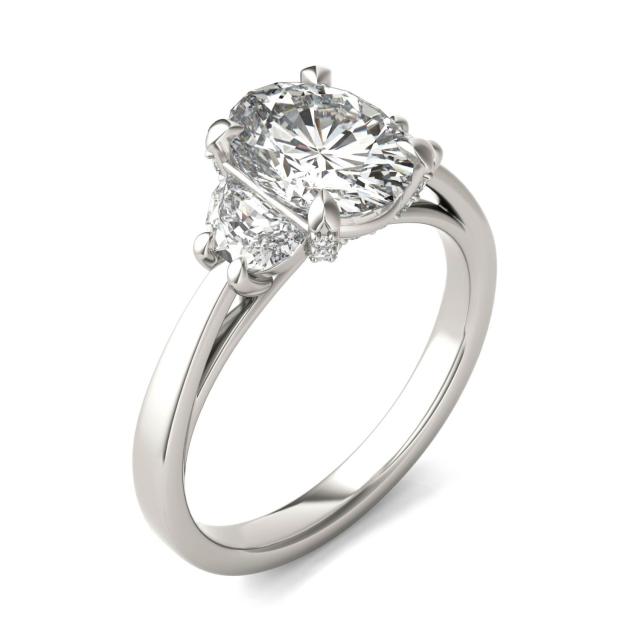 2.74 CTW DEW Oval Forever One Moissanite Half Moon Accented Engagement Ring in 14K White Gold