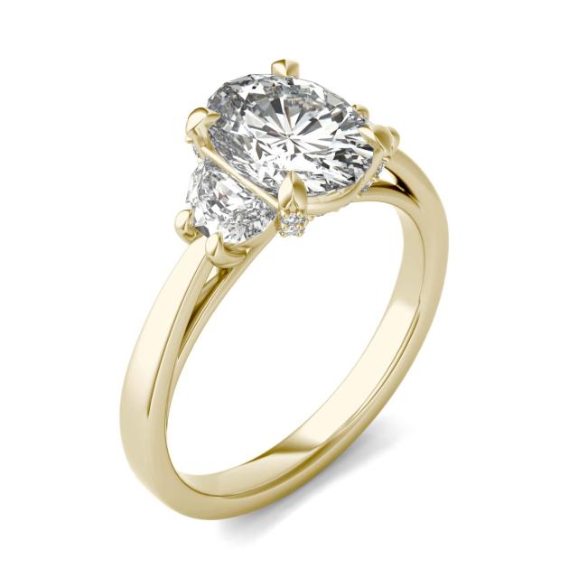 2.74 CTW DEW Oval Forever One Moissanite Half Moon Accented Engagement Ring in 14K Yellow Gold