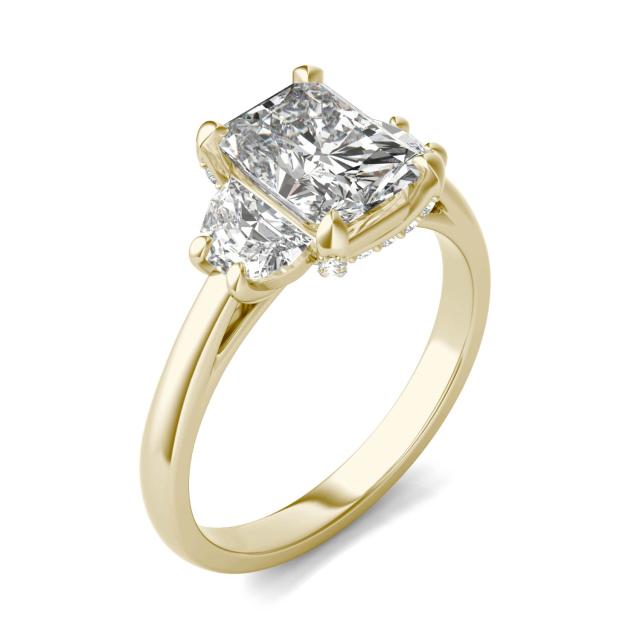 2.70 CTW DEW Radiant Forever One Moissanite Half Moon Accented Engagement Ring in 14K Yellow Gold