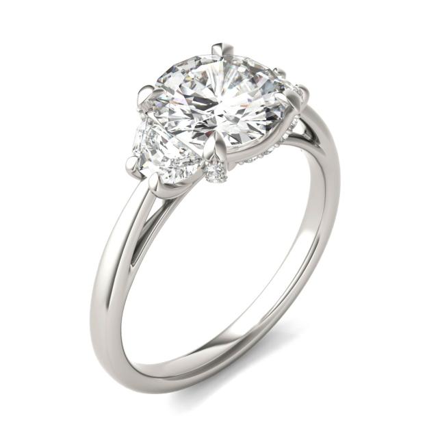 2.56 CTW DEW Round Forever One Moissanite Half Moon Accented Engagement Ring in 14K White Gold