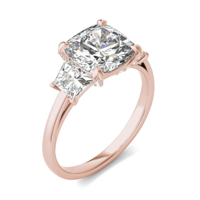 4.34 CTW DEW Cushion Forever One Moissanite Trapezoid Accent Three Stone Ring in 14K Rose Gold