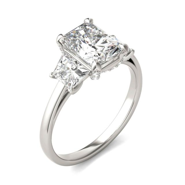 2.96 CTW DEW Radiant Forever One Moissanite Trapezoid Accent Three Stone Ring in 14K White Gold