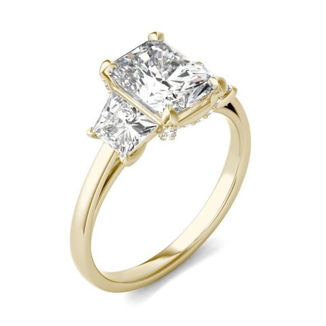 2.96 CTW DEW Radiant Forever One Moissanite Trapezoid Accent Three Stone Ring in 14K Yellow Gold
