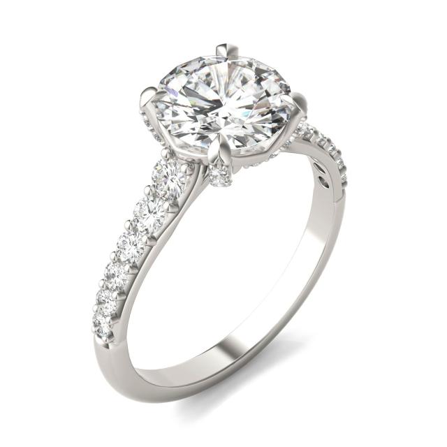 2.42 CTW DEW Round Forever One Moissanite Side-Stone Solitaire with Gallery Accents Engagement Ring in 14K White Gold