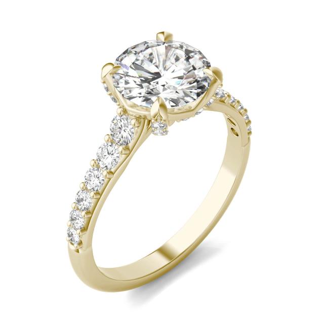 2.42 CTW DEW Round Forever One Moissanite Side-Stone Solitaire with Gallery Accents Engagement Ring in 14K Yellow Gold