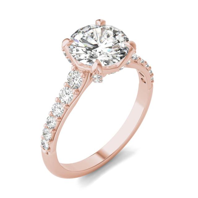 2.42 CTW DEW Round Forever One Moissanite Side-Stone Solitaire with Gallery Accents Engagement Ring in 14K Rose Gold