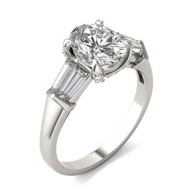 2.98 CTW DEW Oval Forever One Moissanite Baguette Accented Engagement Ring in 14K White Gold