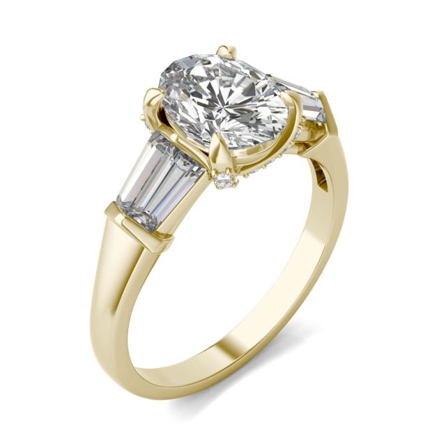 2.98 CTW DEW Oval Forever One Moissanite Baguette Accented Engagement Ring in 14K Yellow Gold