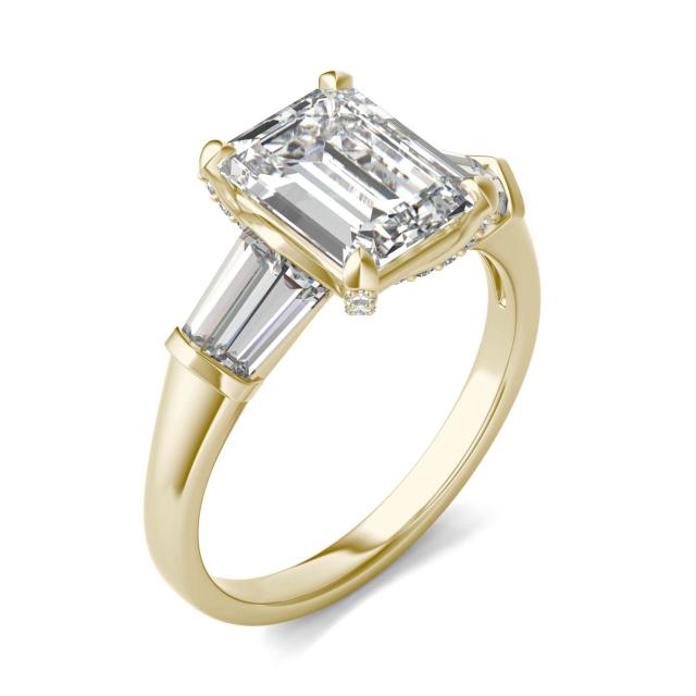 3.43 CTW DEW Emerald Forever One Moissanite Baguette Accented Engagement Ring in 14K Yellow Gold