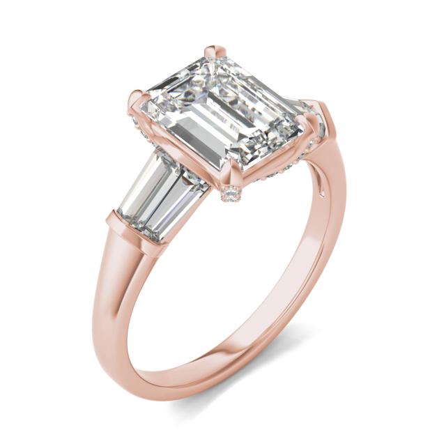 3.43 CTW DEW Emerald Forever One Moissanite Baguette Accented Engagement Ring in 14K Rose Gold