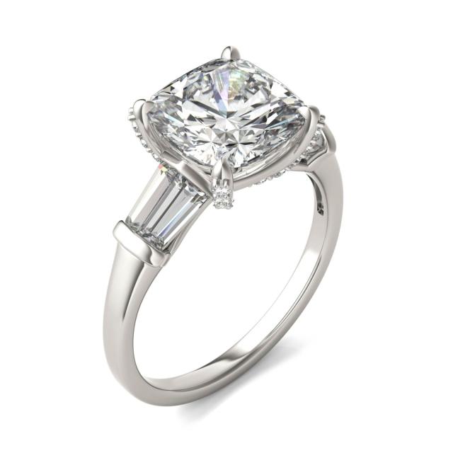 4.04 CTW DEW Cushion Forever One Moissanite Baguette Accented Engagement Ring in 14K White Gold
