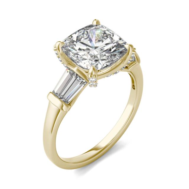 4.04 CTW DEW Cushion Forever One Moissanite Baguette Accented Engagement Ring in 14K Yellow Gold