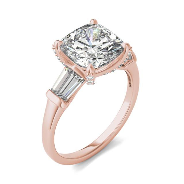 4.04 CTW DEW Cushion Forever One Moissanite Baguette Accented Engagement Ring in 14K Rose Gold