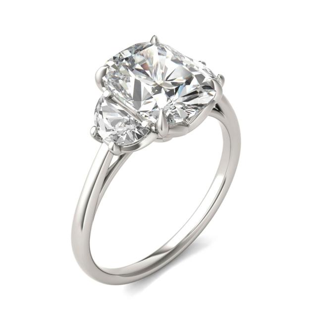 3.96 CTW DEW Elongated Cushion Forever One Moissanite Signature Three Stone Engagement Ring in 14K White Gold