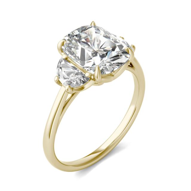 3.96 CTW DEW Elongated Cushion Forever One Moissanite Signature Three Stone Engagement Ring in 14K Yellow Gold