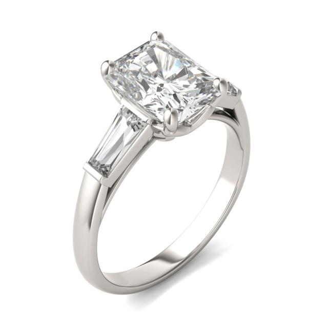 3.30 CTW DEW Radiant Forever One Moissanite Signature Three Stone Engagement Ring in 14K White Gold